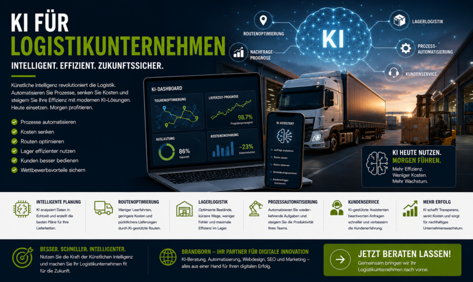 KI für Logistikunternehmen, Künstliche Intelligenz Logistik, KI in der Logistik, KI für Speditionen, Automatisierung Logistik, Digitalisierung Logistik - Brand Born Website SEO SMM Digital Marketing KI für Logistikunternehmen, Künstliche Intelligenz Logistik, KI in der Logistik, KI für Speditionen, Automatisierung Logistik, Digitalisierung Logistik