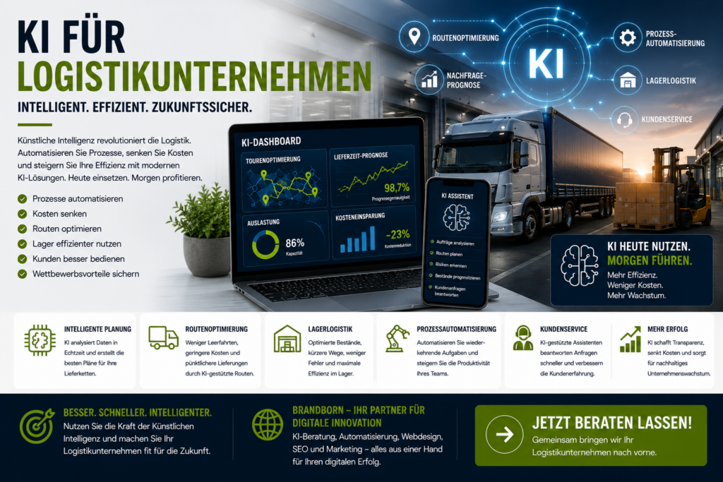 KI für Logistikunternehmen, Künstliche Intelligenz Logistik, KI in der Logistik, KI für Speditionen, Automatisierung Logistik, Digitalisierung Logistik - Brand Born Website SEO SMM Digital Marketing KI für Logistikunternehmen, Künstliche Intelligenz Logistik, KI in der Logistik, KI für Speditionen, Automatisierung Logistik, Digitalisierung Logistik