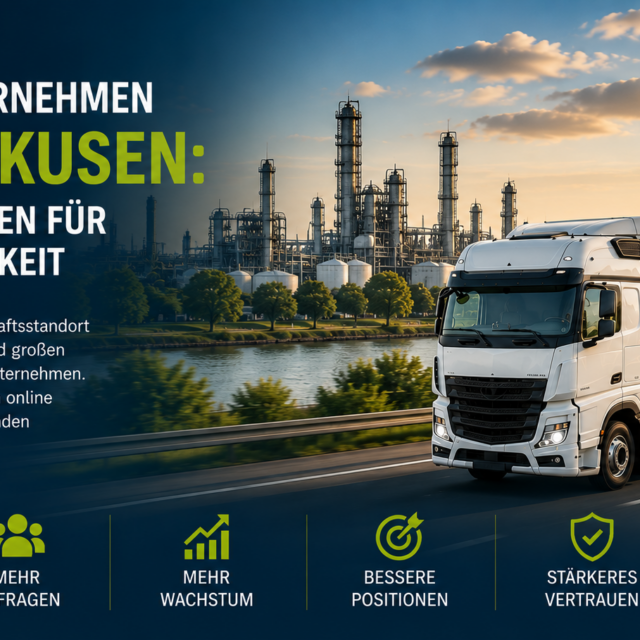 Truck driving on a highway beside an industrial plant at sunset, promoting logistics visibility in Leverkusen—German hero image text included.