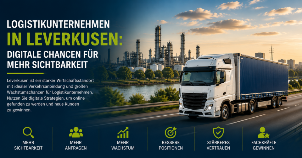 Logistikunternehmen Leverkusen, Spedition Leverkusen, Transportunternehmen Leverkusen, Logistik Leverkusen, SEO Logistikunternehmen - Brand Born Website SEO SMM Digital Marketing Truck driving on a highway beside an industrial plant at sunset, promoting logistics visibility in Leverkusen—German hero image text included.