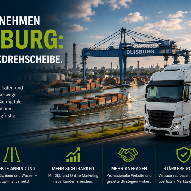 Bannerbild: Hafen von Duisburg mit Containerschiffen, Containerareal und einem vorbeifahrenden LKW vor einer blauen Werbeband, grüne Überschrift ‚IN DUISBURG‘.