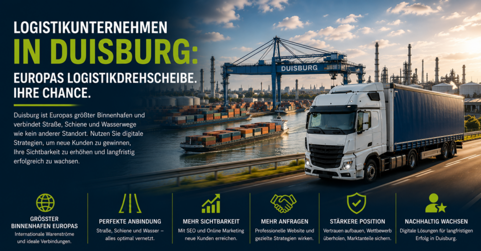 Logistikunternehmen Duisburg, Spedition Duisburg, Logistik Duisburg, Transportunternehmen Duisburg, SEO Logistikunternehmen - Brand Born Website SEO SMM Digital Marketing Bannerbild: Hafen von Duisburg mit Containerschiffen, Containerareal und einem vorbeifahrenden LKW vor einer blauen Werbeband, grüne Überschrift ‚IN DUISBURG‘.