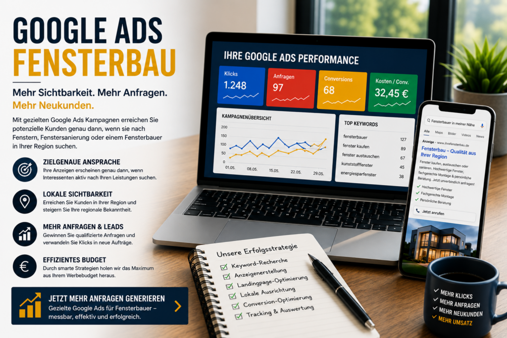 Google Ads Fensterbau, Google Werbung Fensterbau, Google Ads für Fensterbauer, Fensterbau Leads, Fensterbau Neukunden gewinnen.