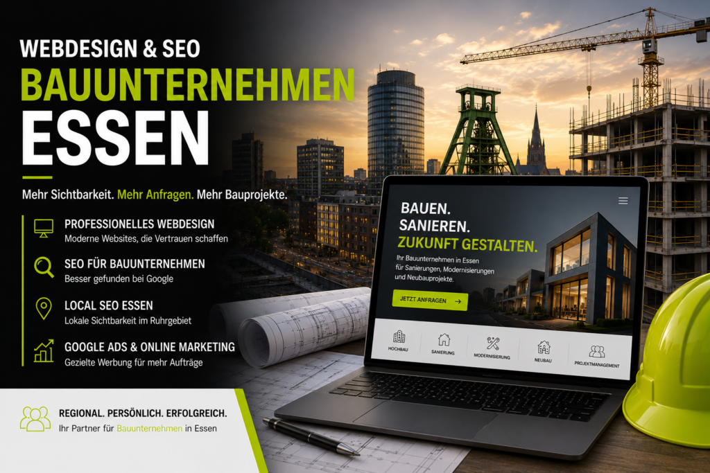 Webdesign Bauunternehmen Essen, SEO Bauunternehmen Essen, Website Bauunternehmen Essen, Local SEO Bauunternehmen, Bauunternehmen Kunden gewinnen, Baumessen in Essen