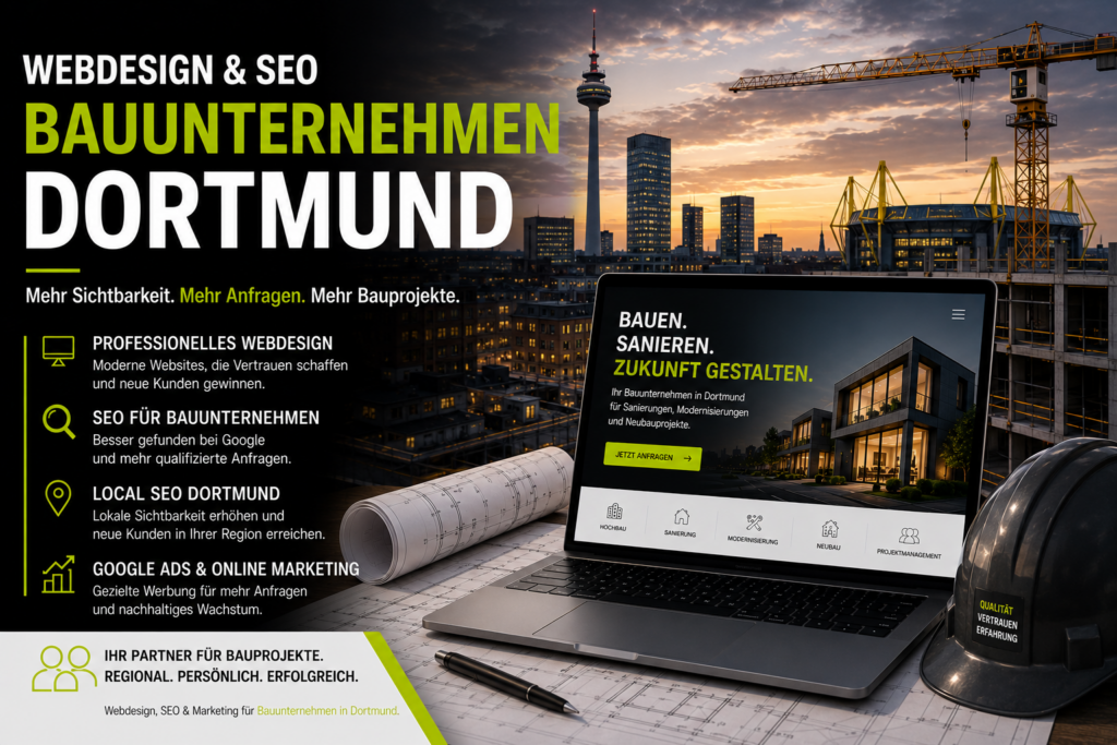 Webdesign Bauunternehmen Dortmund, SEO Bauunternehmen Dortmund, Website Bauunternehmen Dortmund, Local SEO Bauunternehmen, Bauunternehmen Kunden gewinnen, Baumesse Dortmund