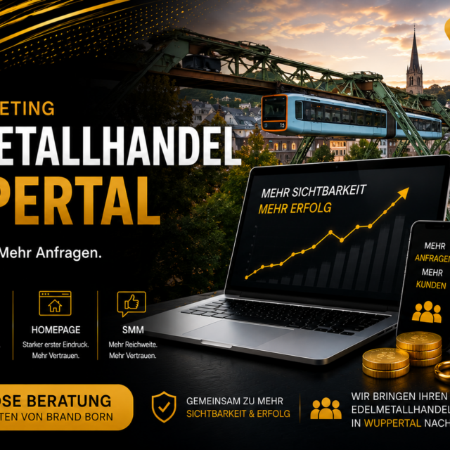Werbebanner für Online-Marketing von Brand Born: Edelmetallhandel in Wuppertal mit Laptop, Goldbarren und Stadtszene im Hintergrund.