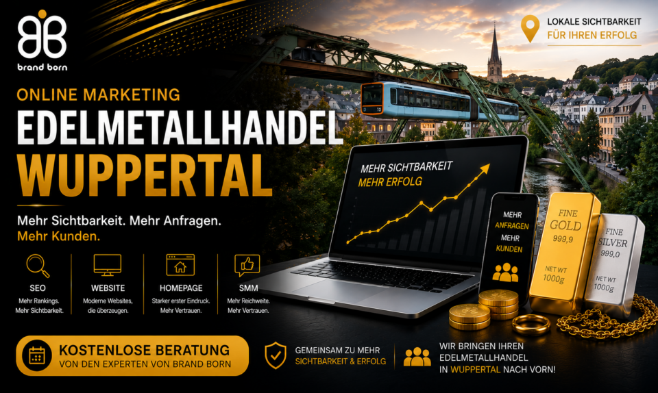 Online Marketing Edelmetallhandel Wuppertal: SEO Edelmetallhandel Wuppertal, Website Edelmetallhandel Wuppertal, Homepage Edelmetallhandel Wuppertal, SMM Edelmetallhandel Wuppertal. - Brand Born Website SEO SMM Digital Marketing Werbebanner für Online-Marketing von Brand Born: Edelmetallhandel in Wuppertal mit Laptop, Goldbarren und Stadtszene im Hintergrund.