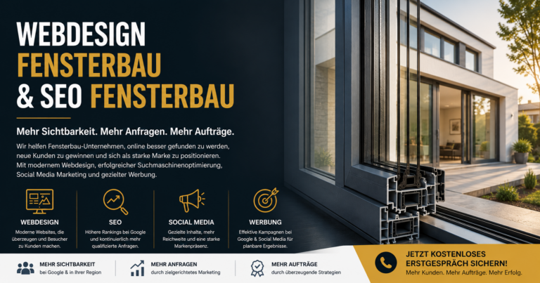 Hero banner advertising Webdesign, Fensterbau und SEO Fensterbau; links text über dunkler Fläche, rechts eine moderne Hausfassade mit Fensterrahmen.