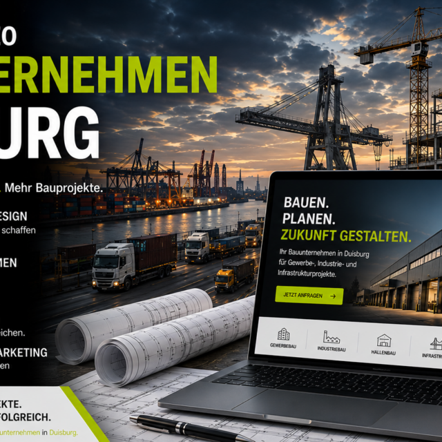 Banner showing a construction site at sunset with cranes and a laptop screen displaying a modern Duisburg construction company website.