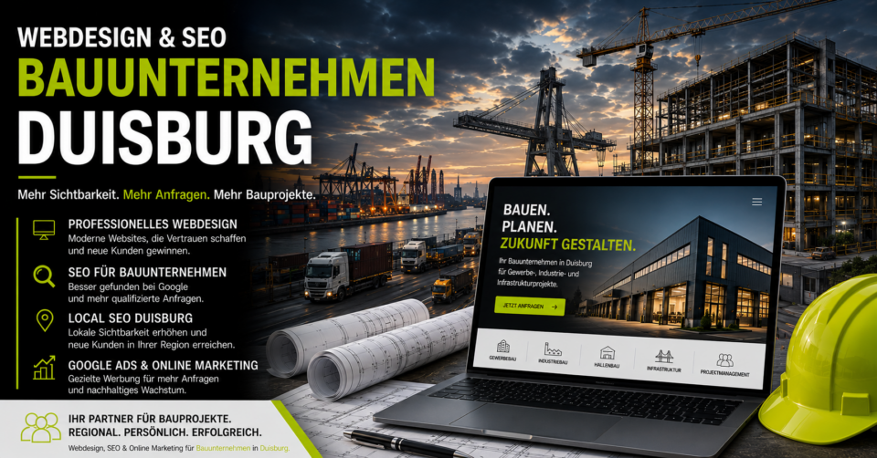 Webdesign Bauunternehmen Duisburg, SEO Bauunternehmen Duisburg, Website Bauunternehmen Duisburg, Local SEO Bauunternehmen, Bauunternehmen Kunden gewinnen - Brand Born Website SEO SMM Digital Marketing Banner showing a construction site at sunset with cranes and a laptop screen displaying a modern Duisburg construction company website.
