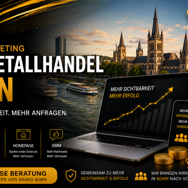 Werbebanner: Edelmetallhandel Bonn mit Laptop, Goldbarren und Stadt Bonn im Hintergrund; Text: Online Marketing, Edelmetallhandel Bonn, mehr Sichtbarkeit.