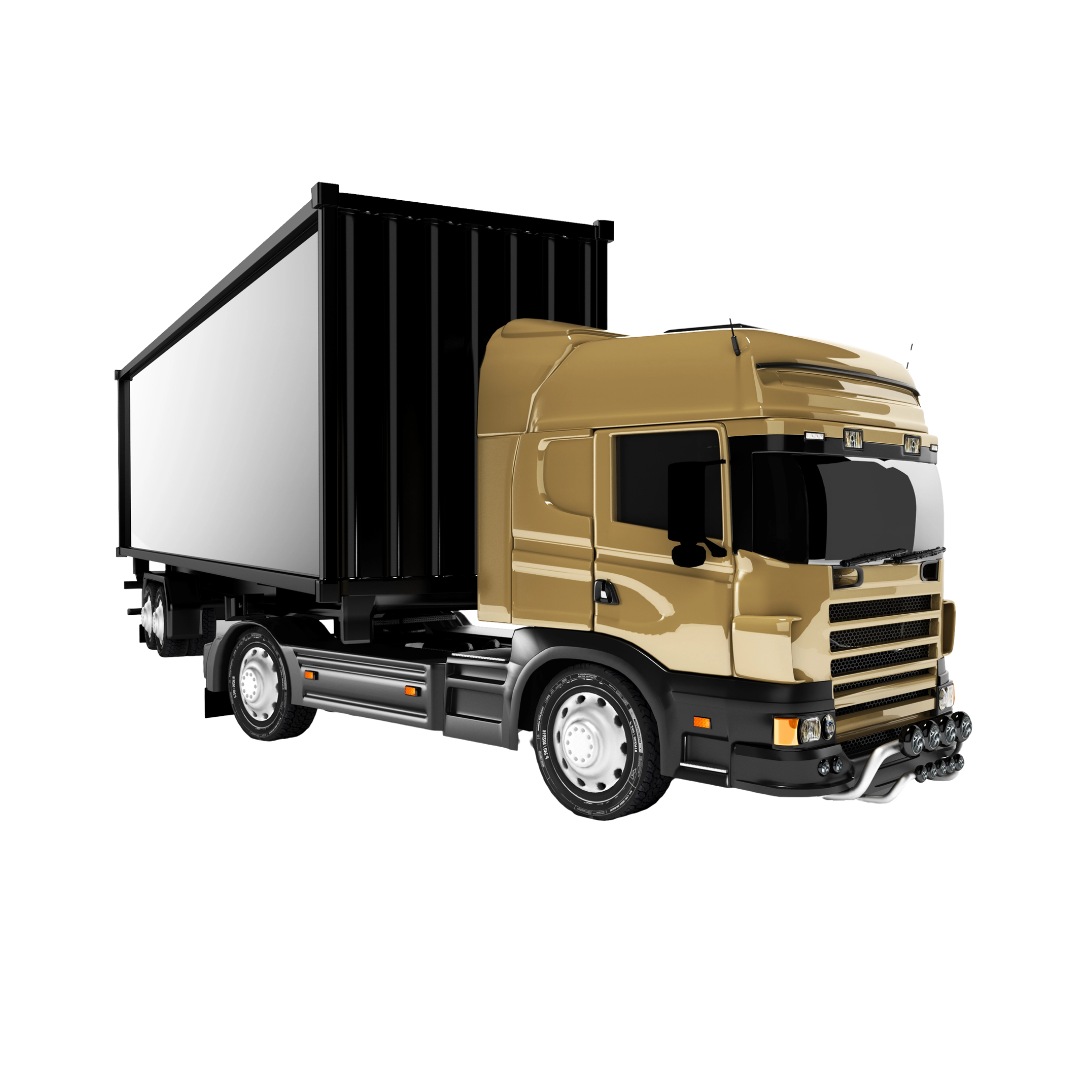 Gold semi-truck tractor with a large black shipping container trailer on a plain background