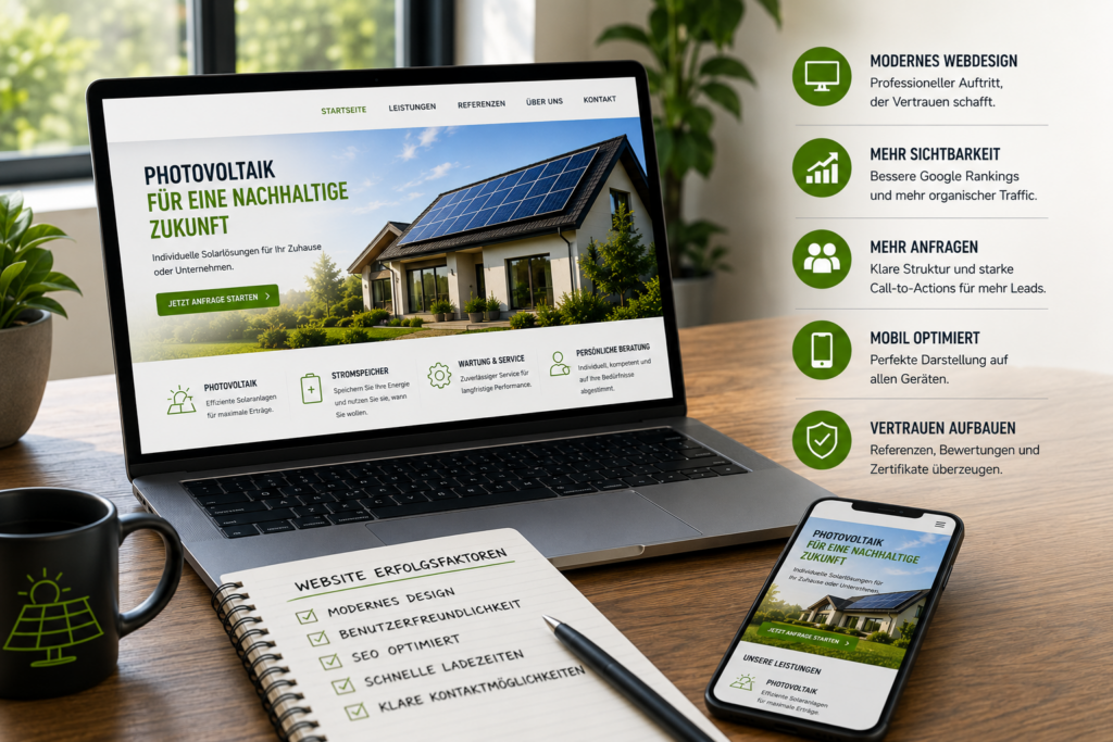 Website für Solarunternehmen und Webdesign Solarunternehmen. Webseite Solarunternehmen, Homepage Solarunternehmen, Webdesign Photovoltaik, SEO Solarunternehmen