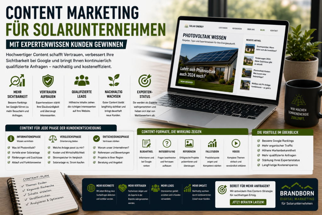 Content Marketing Solarunternehmen Mehr Kunden gewinnen - Brand Born Website SEO SMM Digital Marketing Content Marketing Solarunternehmen Mehr Kunden gewinnen