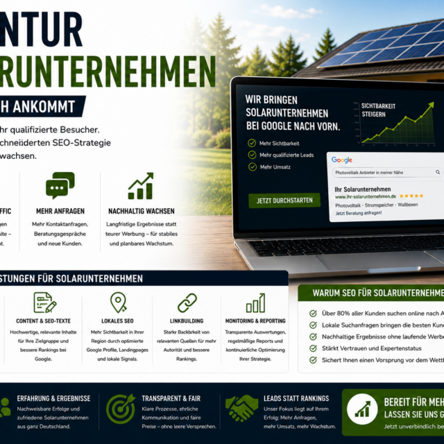 Marketing banner for a solar company: German headline about SEO agency for solar businesses, laptop showing charts, solar panels on a house, and a coffee mug on a desk.