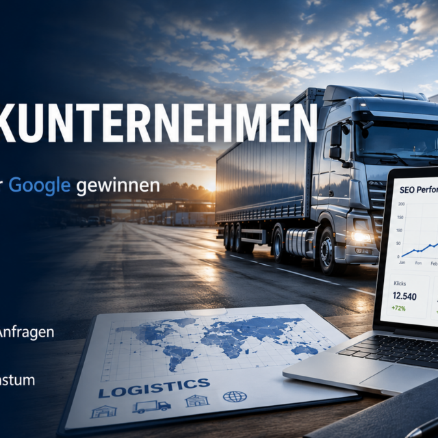 „SEO Logistikunternehmen“: Lkw vor einer Logistikhalle, rechts ein Laptop mit SEO-Diagramm und Wachstumsgrafik, Sonnenlicht im Hintergrund.