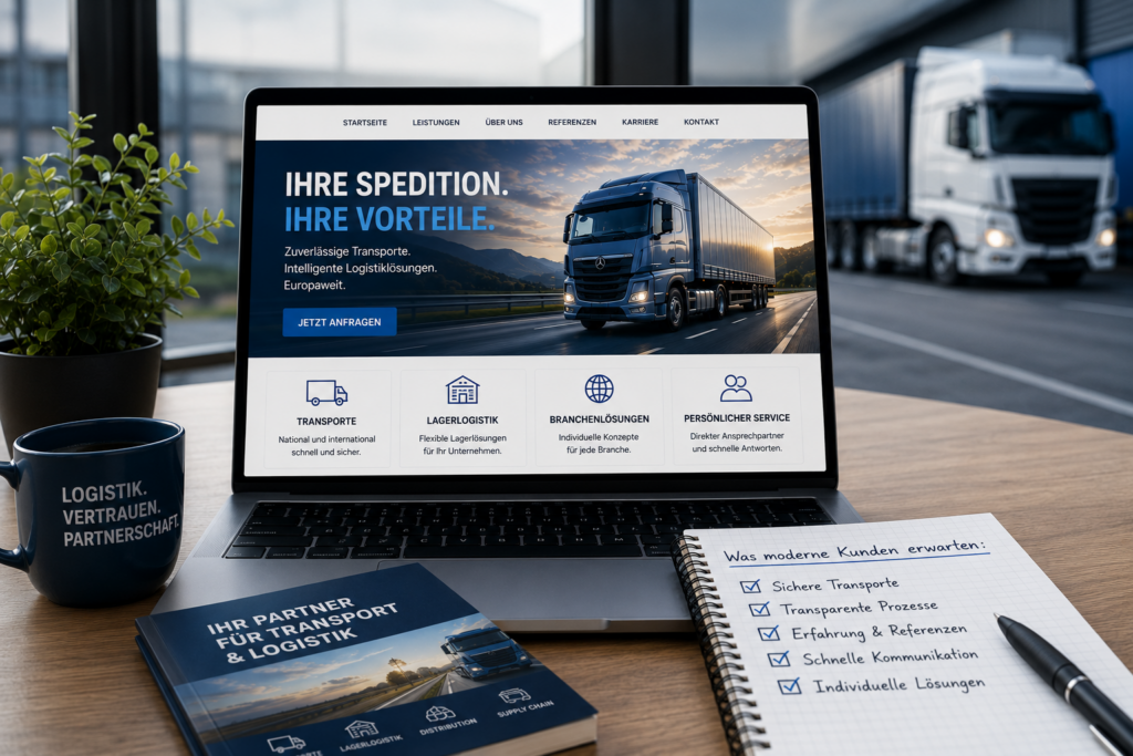Website für Spedition, Webseite für Spedition, Website für Logistikunternehmen, Moderne Logistik Website, SEO Logistikunternehmen, SMM Spedition