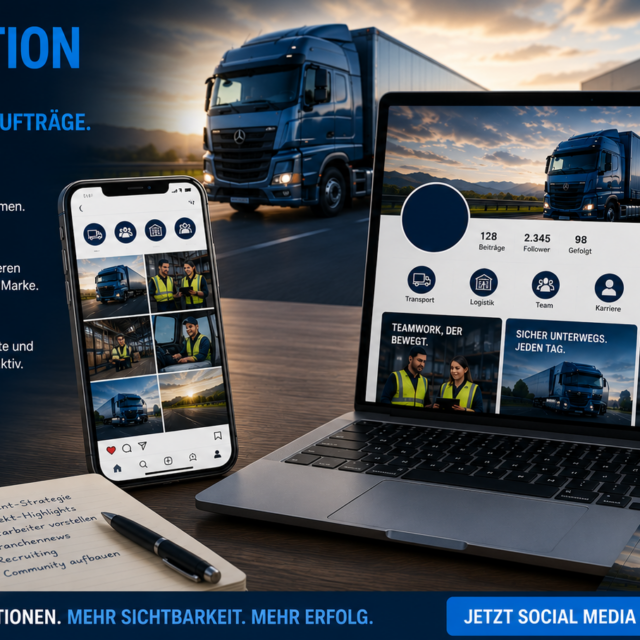 Hero banner: blue-toned truck with laptop and smartphone displaying social media content for a logistics company.