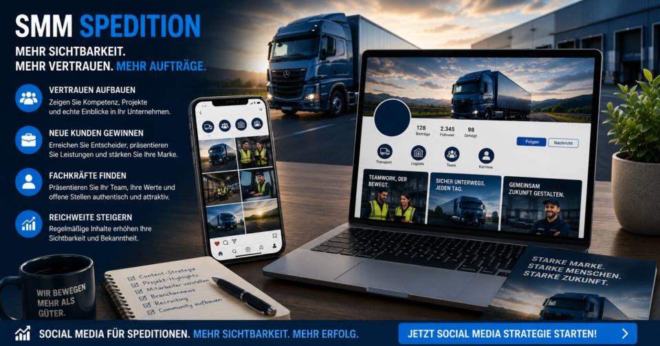 SMM Spedition, Social Media Spedition, SEO Logistikunternehmen, Website für Logistikunternehmen, Recruiting Spedition, LinkedIn Logistik - Brand Born Website SEO SMM Digital Marketing Hero banner: blue-toned truck with laptop and smartphone displaying social media content for a logistics company.