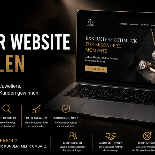 Hero-Banner: Juwelier-Website erstellen – Laptop zeigt Schmuck-Webseite mit goldenen Akzenten und Schmuckstücken im Vordergrund.