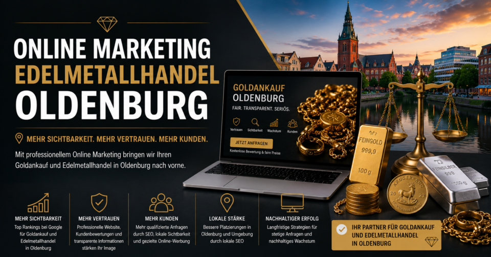 Online Marketing Edelmetallhandel Oldenburg: Mehr Sichtbarkeit, mehr Vertrauen und mehr Kunden für Goldankauf und Edelmetallhandel durch Website, SEO und lokale Strategien. - Brand Born Website SEO SMM Digital Marketing Online Marketing Edelmetallhandel Oldenburg: Mehr Sichtbarkeit, mehr Vertrauen und mehr Kunden für Goldankauf und Edelmetallhandel durch Website, SEO und lokale Strategien.