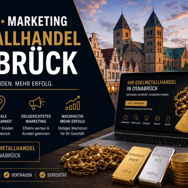 Marketing banner for Osnabrück precious metals trading with gold bars, coins, laptop, and smartphone in a city square.
