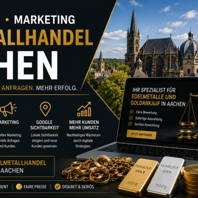 Marketing banner promoting Edelmetallhandel in Aachen with gold bars and city backdrop, highlighting services like web design, SEO, and marketing.