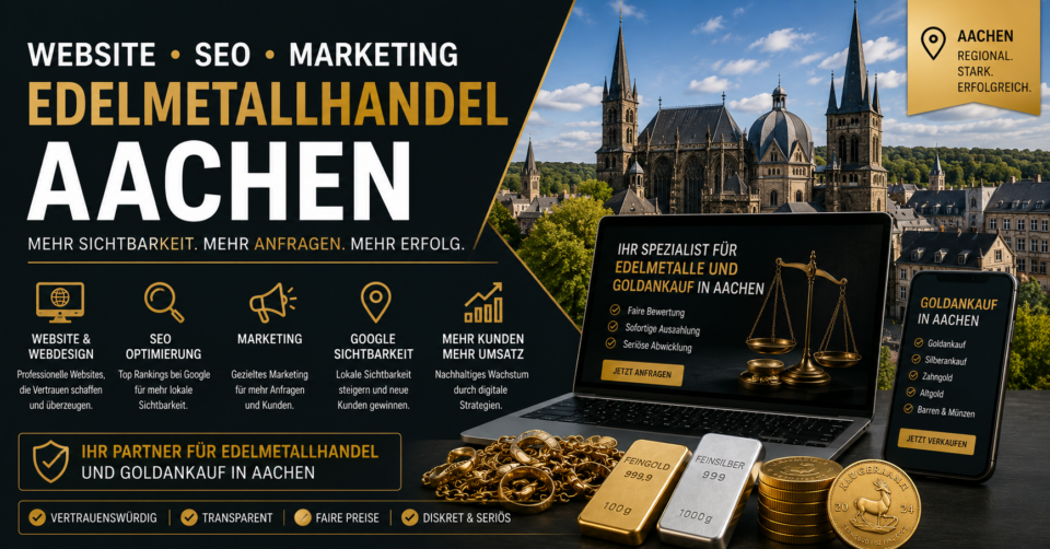 Website Edelmetallhandel Aachen, Webdesign Edelmetallhandel Aachen, SEO Edelmetallhandel Aachen, Webdesign Goldankauf Aachen, SEO Goldankauf Aachen - Brand Born Website SEO SMM Digital Marketing Marketing banner promoting Edelmetallhandel in Aachen with gold bars and city backdrop, highlighting services like web design, SEO, and marketing.