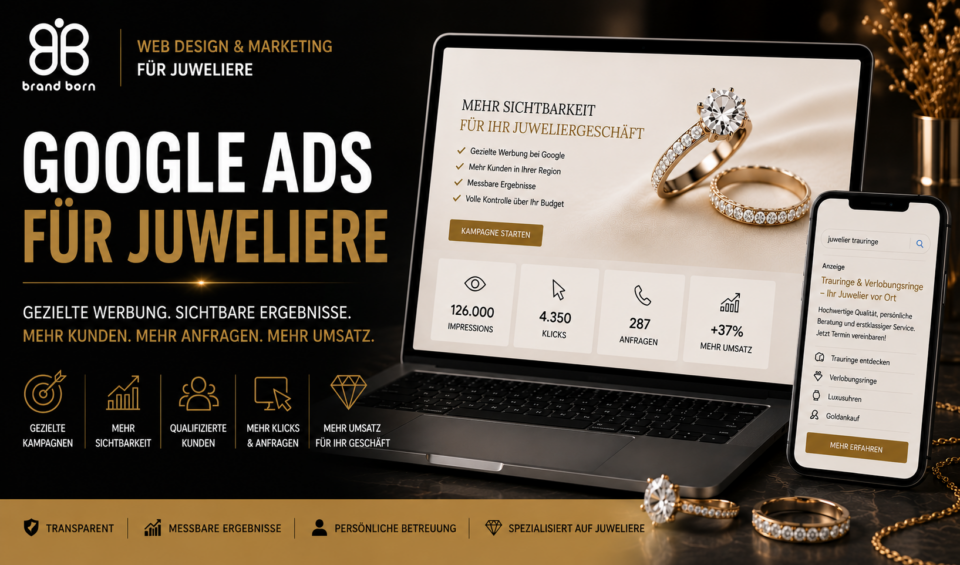 Google Ads für Juweliere, Google Werbung für Juweliere, Juwelier Marketing, Online Marketing für Juweliere und mehr Kunden für Juweliere, Google Ads Agentur für Juweliere - Brand Born Website SEO SMM Digital Marketing Google Ads für Juweliere, Google Werbung für Juweliere, Juwelier Marketing, Online Marketing für Juweliere und mehr Kunden für Juweliere, Google Ads Agentur für Juweliere