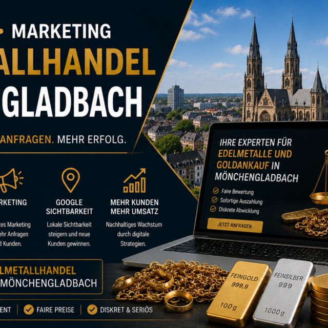 Marketingbanner für Edelmetallhandel in Mönchengladbach mit Goldmünzen, Goldbars, Laptop und Stadtskyline im Hintergrund