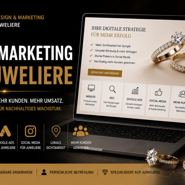 Banner advertising online marketing for jewelers with rings, a laptop showing strategy, and a mobile screen of services in gold and black design.