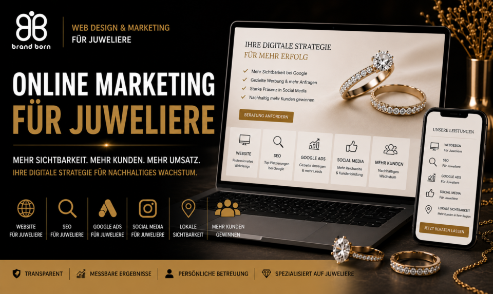 Online Marketing für Juweliere, Juwelier Marketing Agentur, SEO für Juweliere, Google Ads für Juweliere, Social Media für Juweliere und mehr Kunden für Juweliere. - Brand Born Website SEO SMM Digital Marketing Banner advertising online marketing for jewelers with rings, a laptop showing strategy, and a mobile screen of services in gold and black design.