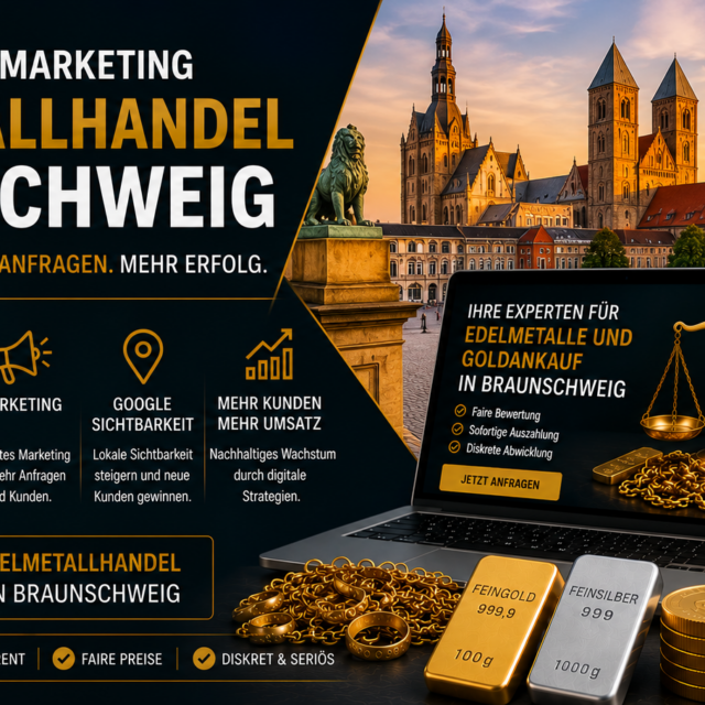 Hero banner for Edelmetallhandel Braunschweig: bold gold and white text over a cityscape, with gold bars, coins and devices promoting precious metal trading.