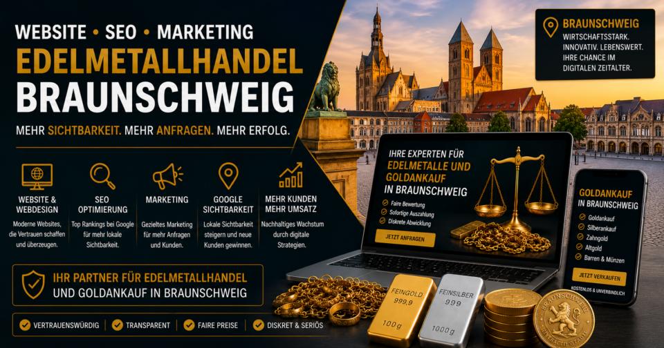 Website Edelmetallhandel Braunschweig, Webdesign Edelmetallhandel Braunschweig, Website für Goldankauf Braunschweig, SEO Goldankauf Braunschweig - Brand Born Website SEO SMM Digital Marketing Hero banner for Edelmetallhandel Braunschweig: bold gold and white text over a cityscape, with gold bars, coins and devices promoting precious metal trading.