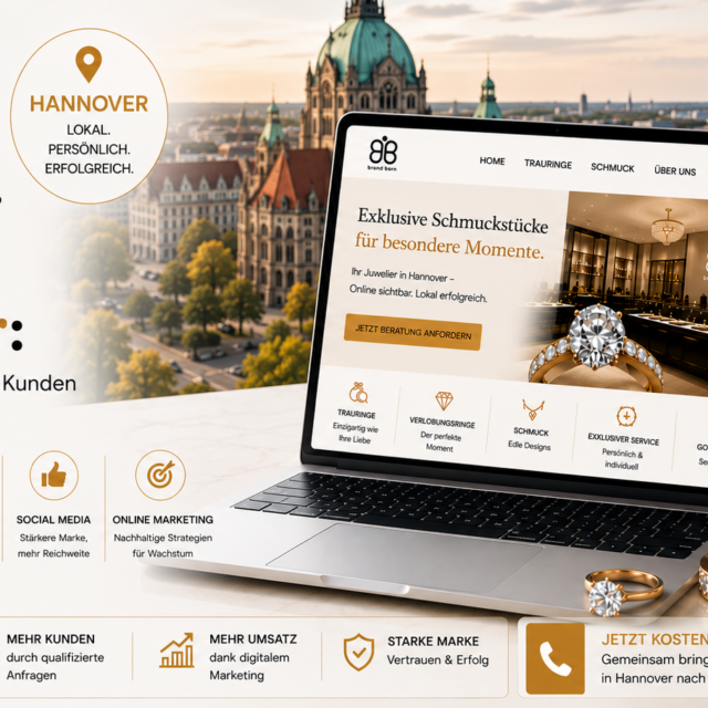 Website-Hero eines Juweliershops aus Hannover: Laptop- und Smartphone-Bildschirme zeigen den Onlineshop vor einem Stadtpanorama mit Goldschmuck im Vordergrund.