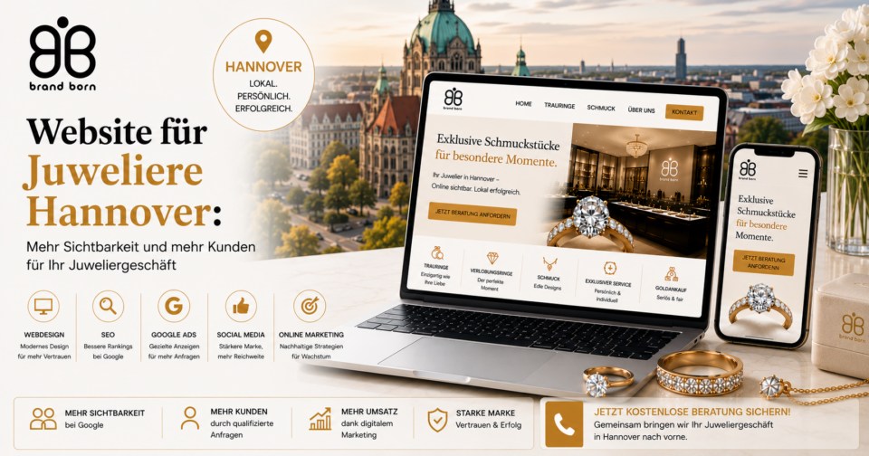 Website für Juweliere Hannover, Webdesign für Juweliere Hannover, SEO für Juweliere Hannover, Google Ads für Juweliere Hannover, SMM für Juweliere Hannover - Brand Born Website SEO SMM Digital Marketing Website-Hero eines Juweliershops aus Hannover: Laptop- und Smartphone-Bildschirme zeigen den Onlineshop vor einem Stadtpanorama mit Goldschmuck im Vordergrund.