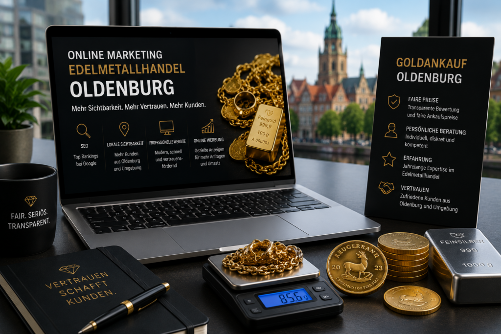 Online Marketing Edelmetallhandel Oldenburg: Mehr Sichtbarkeit, mehr Vertrauen und mehr Kunden für Goldankauf und Edelmetallhandel durch Website, SEO und lokale Strategien. - Brand Born Website SEO SMM Digital Marketing Online Marketing Edelmetallhandel Oldenburg: Mehr Sichtbarkeit, mehr Vertrauen und mehr Kunden für Goldankauf und Edelmetallhandel durch Website, SEO und lokale Strategien.