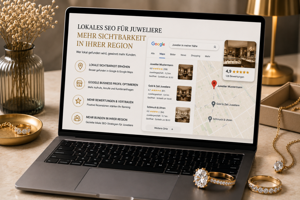 Lokales SEO für Juweliere, SEO für Juweliere, Google Business Profil für Juweliere, lokale Sichtbarkeit für Juweliere und mehr Kunden für Juweliere.