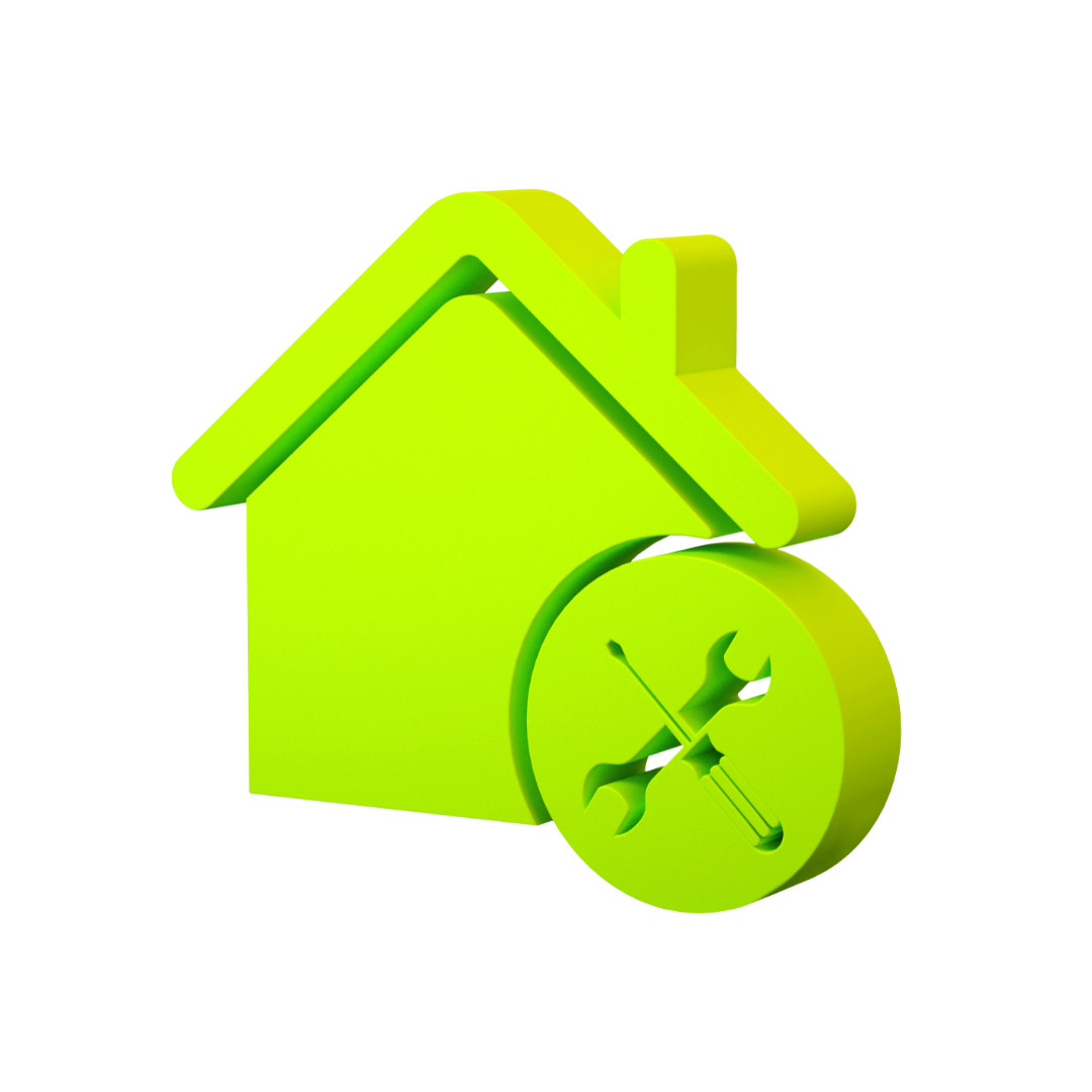 Bright neon-green house icon with a circular tool motif (wrench and screwdriver) for home maintenance.