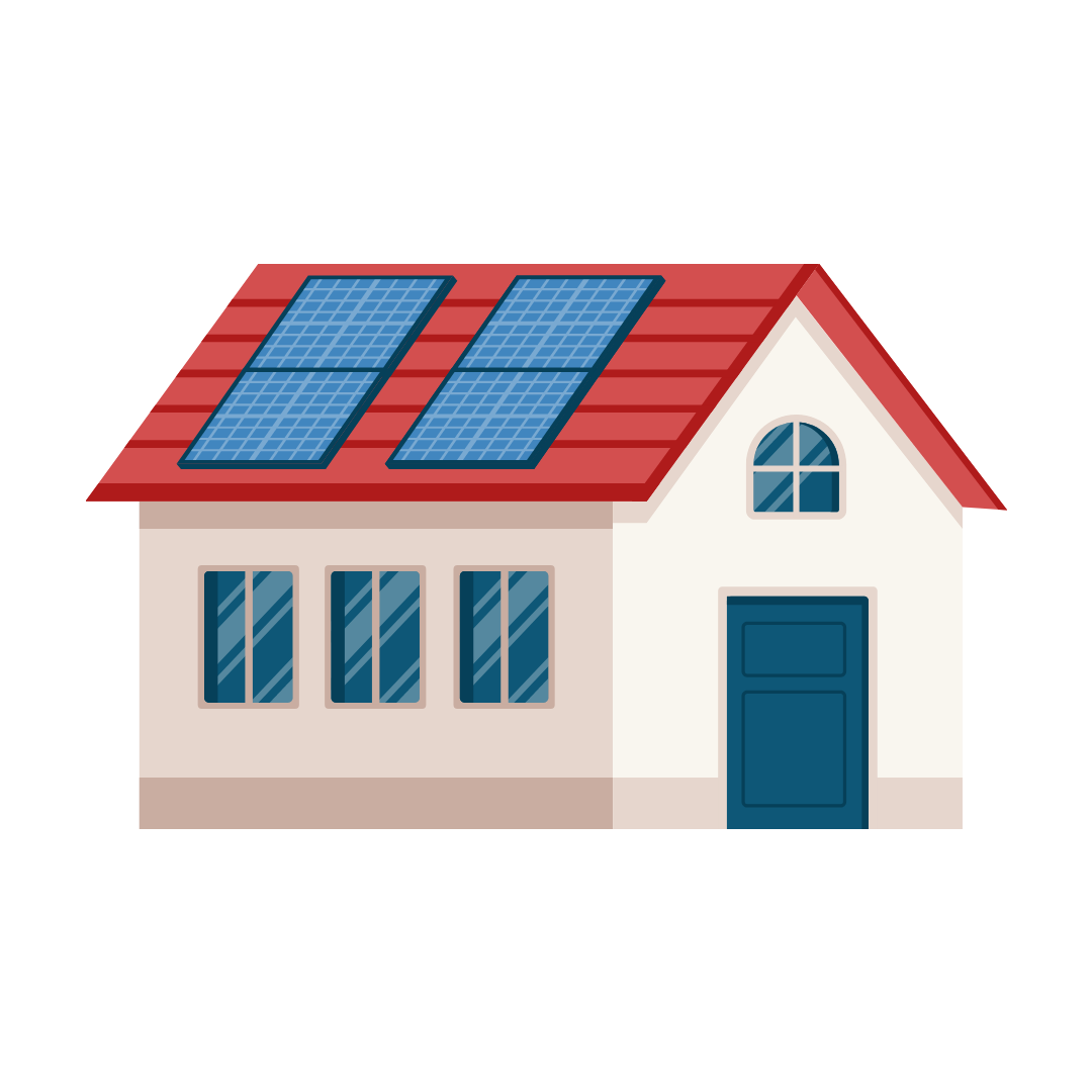 Residential house with a red roof and two blue solar panels on top, beige walls and a blue front door. steps and windows visible in the front.