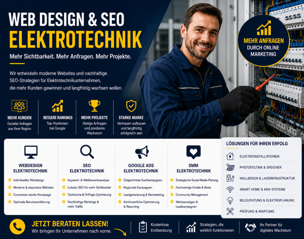 Webdesign Elektrotechnik, SEO Elektrotechnik, Website Elektrotechnik, Homepage Elektrotechnik, Google Ads Elektrotechnik, SMM Elektrotechnik