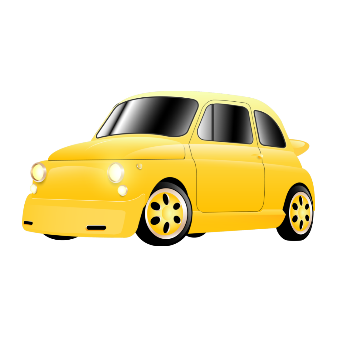 Bright yellow cartoon car with rounded retro design and large black-tinted windows against a black background esprit-friendly illustration
