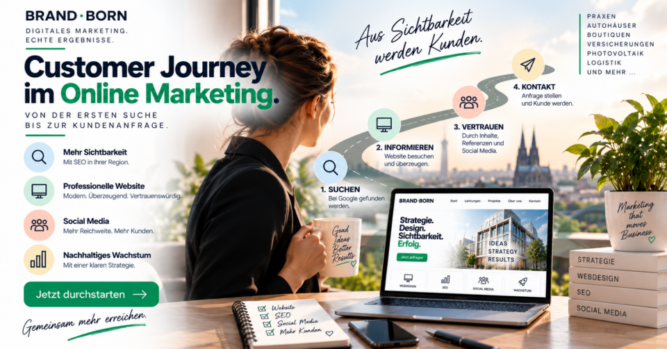 Wie Website, SEO und Social Media entlang der Customer Journey zusammenarbeiten – von der ersten Google-Suche bis zur konkreten Kundenanfrage. - Brand Born Website SEO SMM Digital Marketing Wie Website, SEO und Social Media entlang der Customer Journey zusammenarbeiten – von der ersten Google-Suche bis zur konkreten Kundenanfrage.