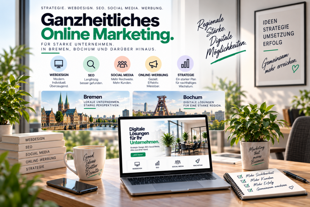 Ganzheitliches Online Marketing verbindet Website, SEO, Social Media und digitale Strategie für mehr Sichtbarkeit, Reichweite und nachhaltiges Wachstum.