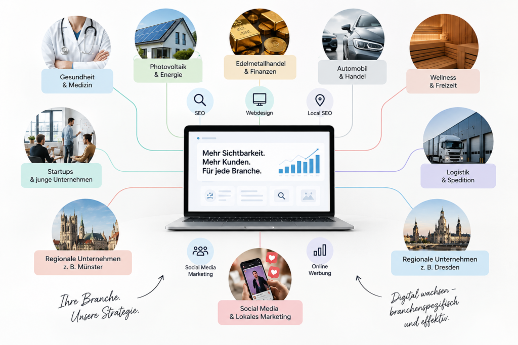 Webdesign, SEO und Social Media unterscheiden sich je nach Branche. Beispiele für erfolgreiche digitale Strategien für Unternehmen und Startups.