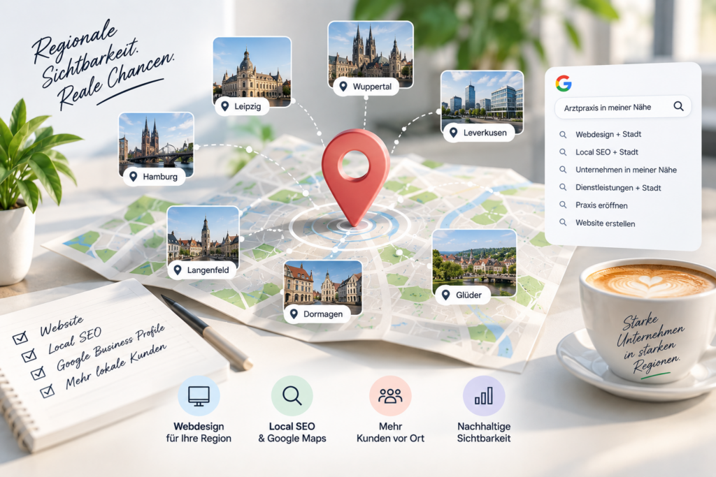 Mehr lokale Sichtbarkeit mit professioneller Website, Local SEO und Google-Präsenz. So werden regionale Unternehmen und Praxen online besser gefunden.
