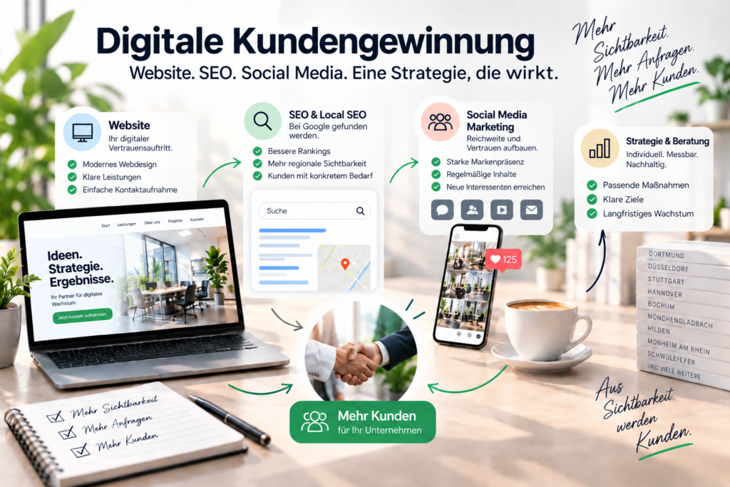 Mehr Kunden online gewinnen: So verbinden Unternehmen Website, SEO, Local SEO und Social Media zu einer erfolgreichen digitalen Strategie.