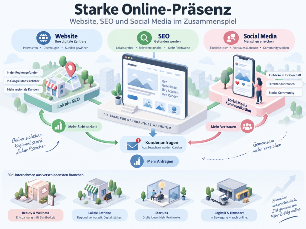 Eine starke Online-Präsenz verbindet Website, SEO und Social Media. So werden Unternehmen digital sichtbar und erreichen ihre Zielgruppe über mehrere Kanäle.
