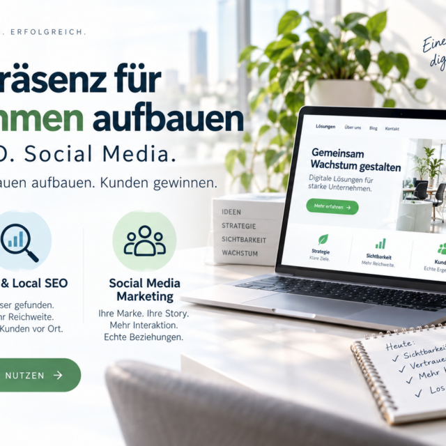 Eine starke Online-Präsenz verbindet Website, SEO und Social Media. So werden Unternehmen digital sichtbar und erreichen ihre Zielgruppe über mehrere Kanäle.