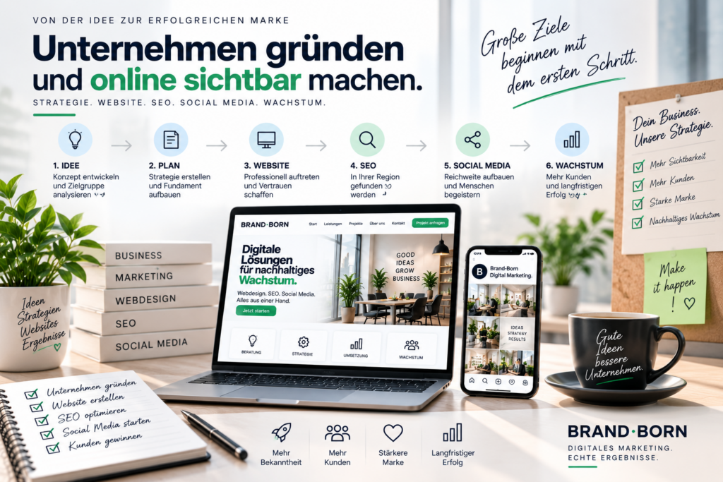 Unternehmen gründen und online sichtbar werden: Website, Local SEO und Social Media von Anfang an strategisch für Reichweite und neue Kunden nutzen. - Brand Born Website SEO SMM Digital Marketing Unternehmen gründen und online sichtbar werden: Website, Local SEO und Social Media von Anfang an strategisch für Reichweite und neue Kunden nutzen.